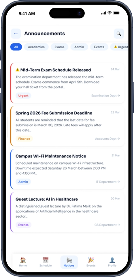 Announcements screen of Campus Connect