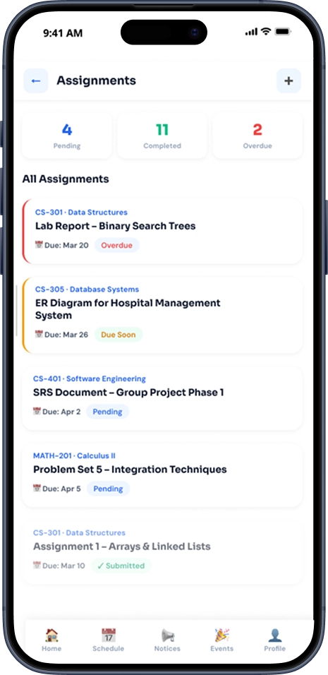 Assignments screen of Campus Connect