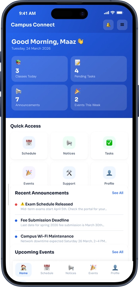 Home screen of Campus Connect