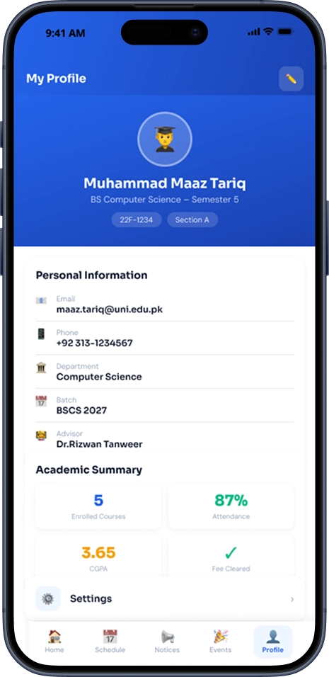 Profile screen of Campus Connect
