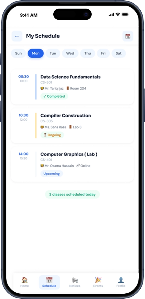 Schedule screen of Campus Connect