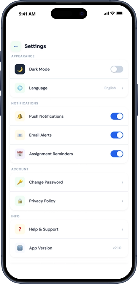 Settings screen of Campus Connect