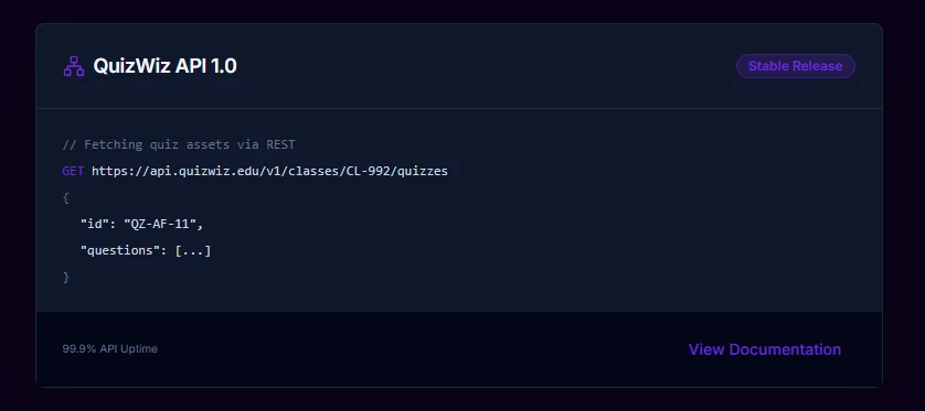 Developer API screen of QuizWiz