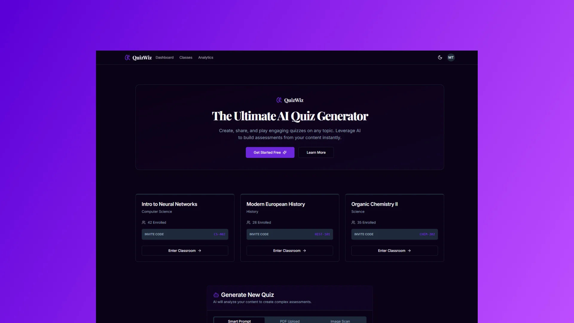 QuizWiz AI quiz generator landing page